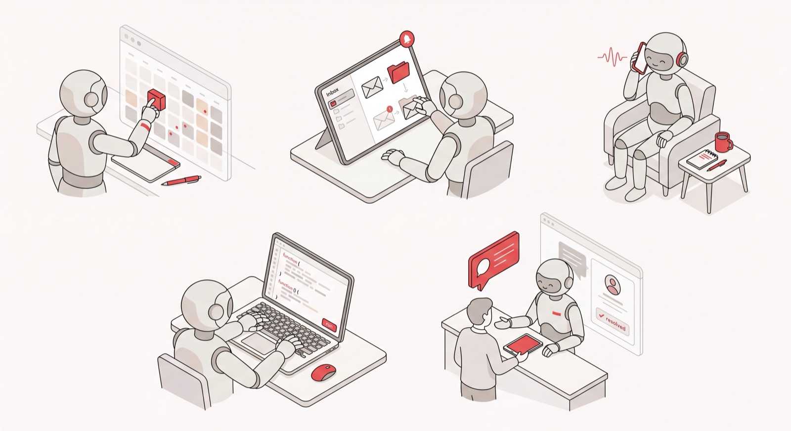 Isometric scenes of AI agents examples at work — managing a calendar, sorting an inbox, taking a call, and coding