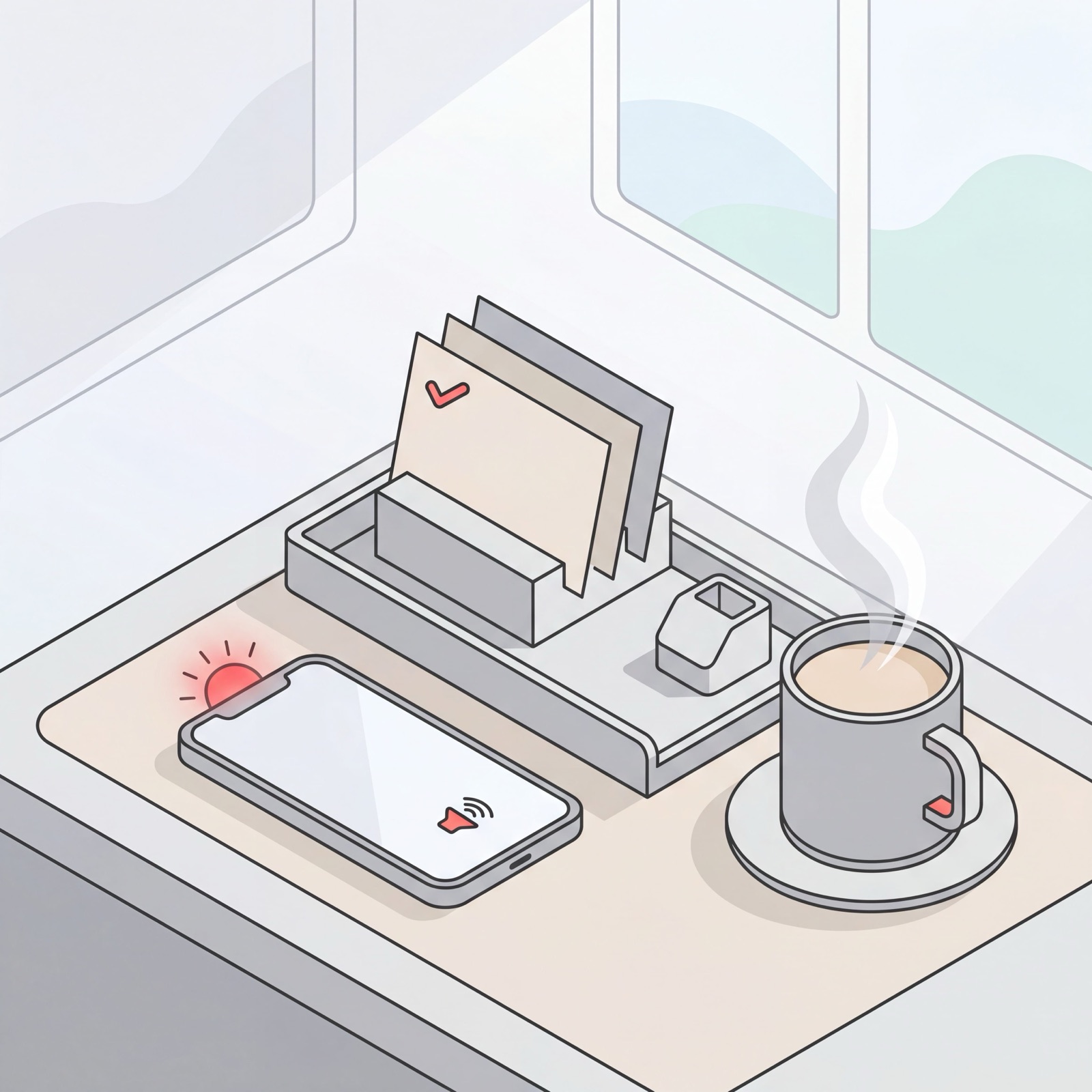 Calm morning desk with a smartphone delivering an AI daily brief by voice, agenda cards, and coffee