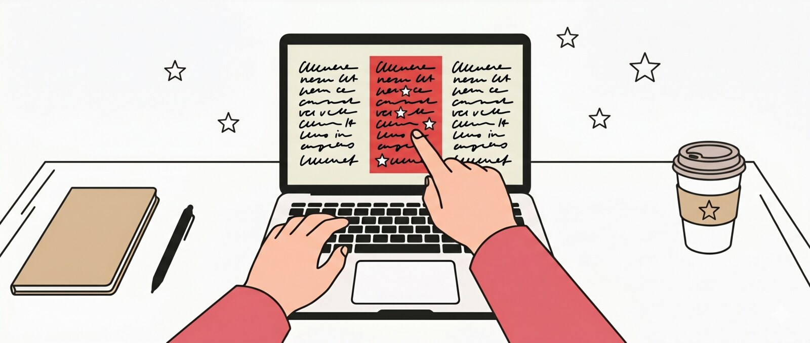 Illustration of hands at a laptop with a starred email highlighted in red.