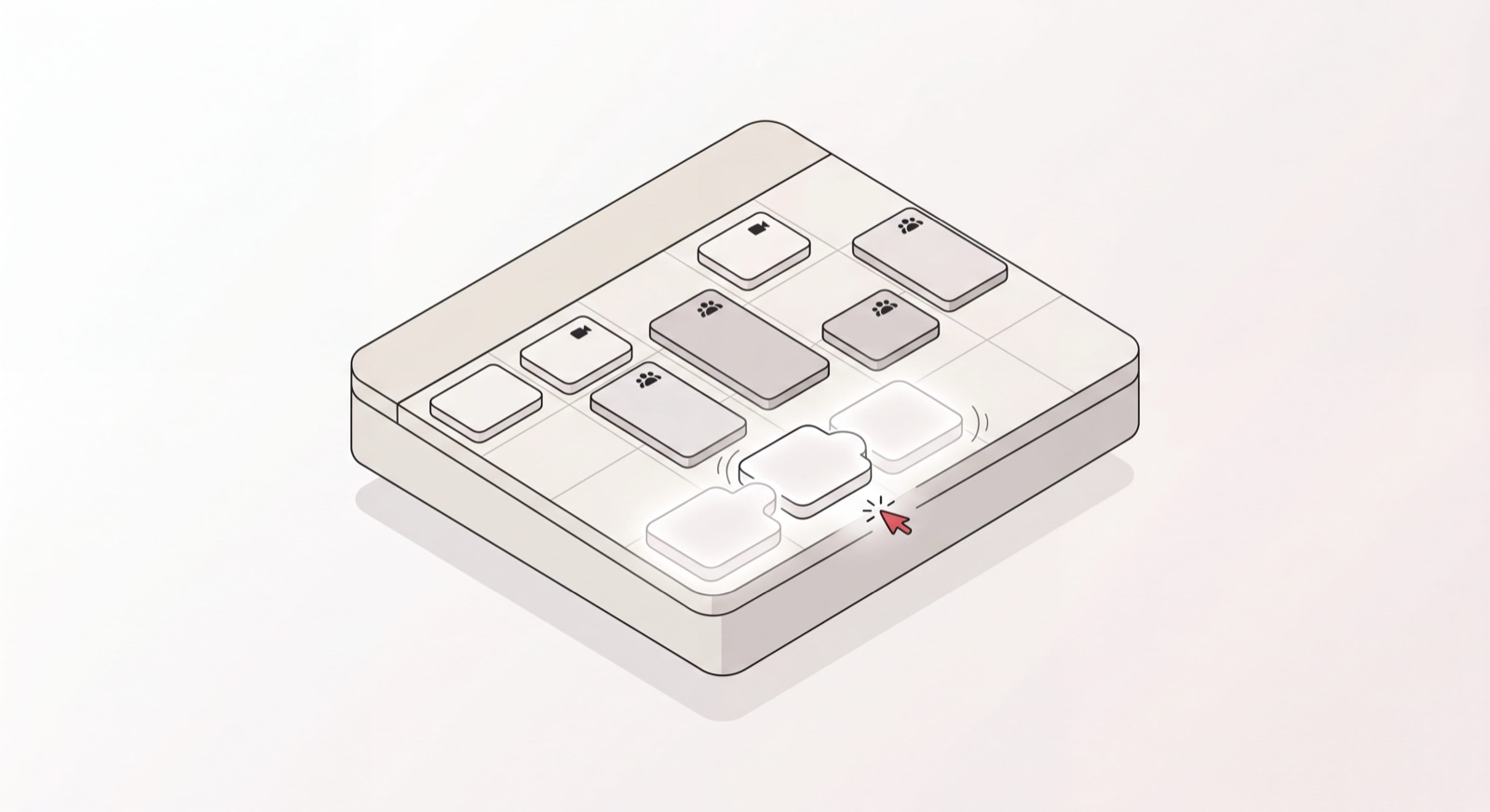 Isometric calendar with meeting blocks clicking into open slots, illustrating an AI scheduling assistant coordinating a calendar