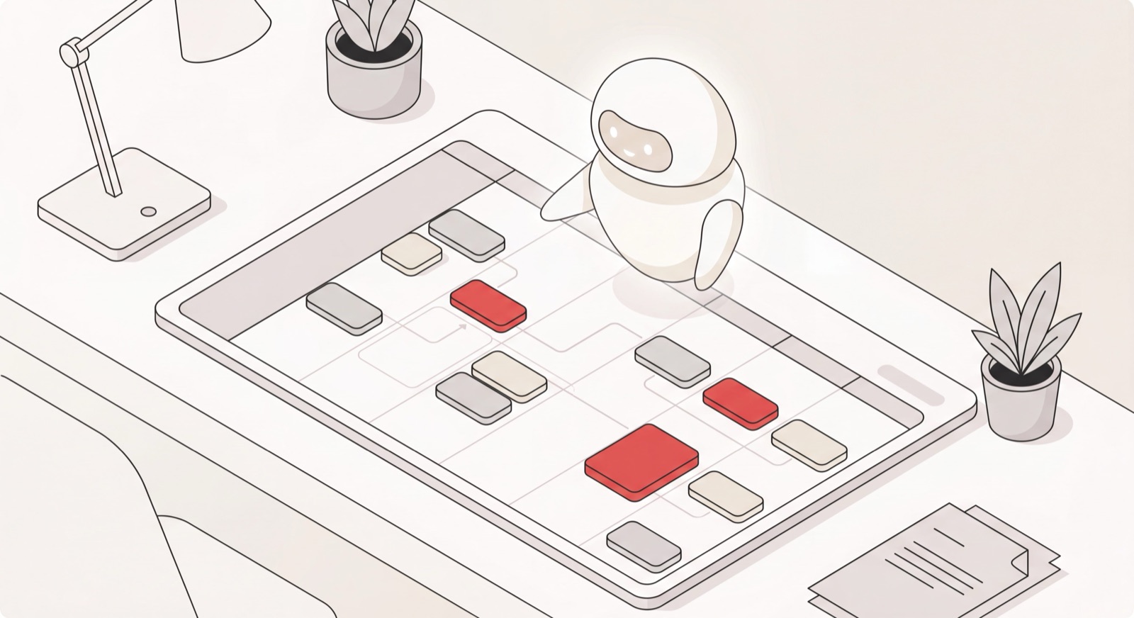 Isometric weekly calendar with appointment blocks and an AI assistant organizing the schedule, illustrating AI scheduling tools