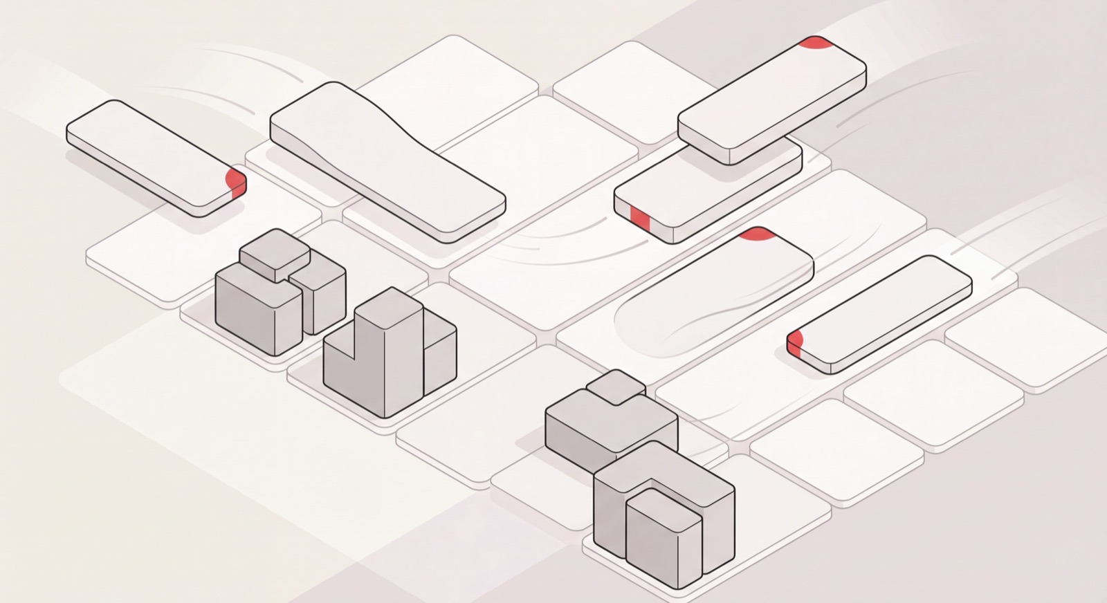 Isometric calendar with meeting blocks sliding into open slots on their own, illustrating auto scheduling running a calendar