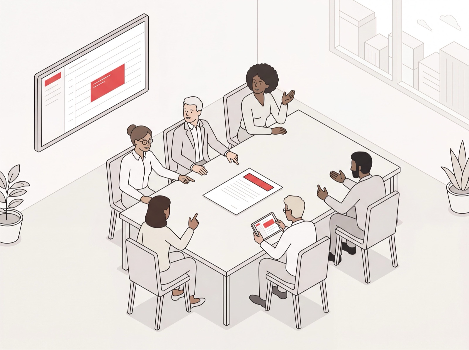 Board meeting around a conference table with a single-page board meeting agenda and a calendar invite on screen