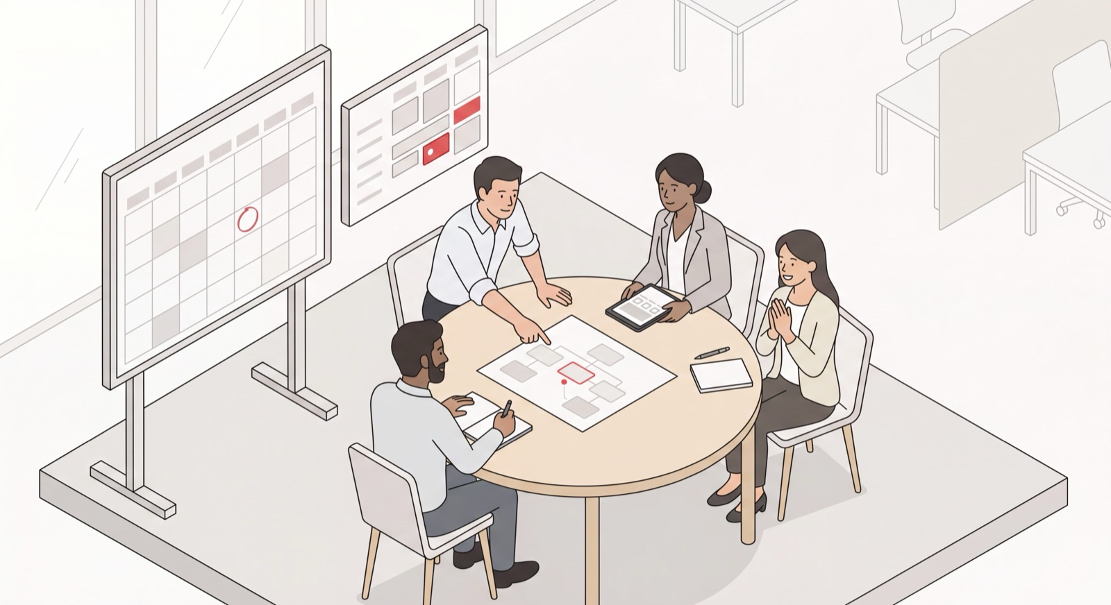 Executive leadership team around a table making decisions beside a clean meeting calendar