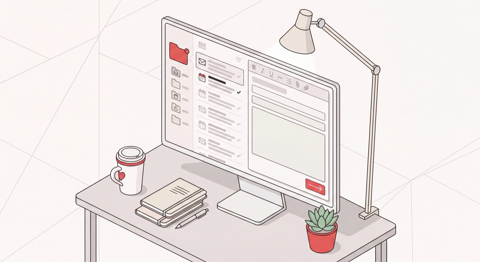 Organized inbox and a clear, well-structured professional email on screen at a tidy desk