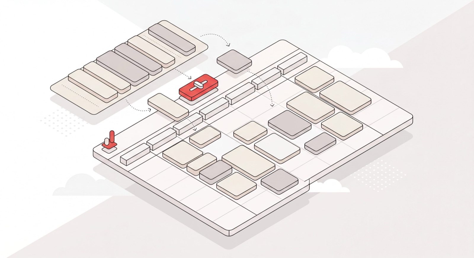 Isometric calendar with task blocks auto-scheduling into open time slots, illustrating a Motion app review