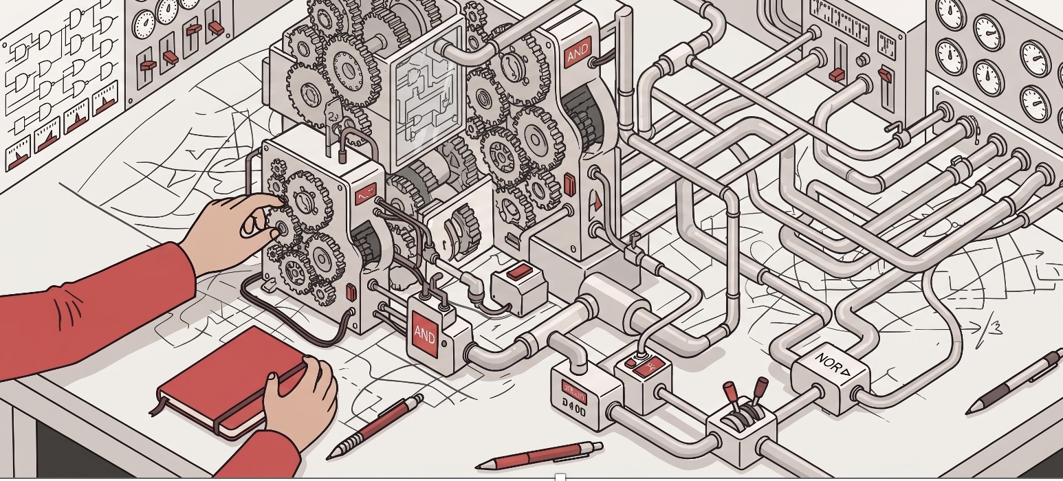 Illustration of a person fiddling with a contraption of gears, pipes, and AND/NOR logic gates while holding a notebook — the hidden complexity of building your own AI agent.