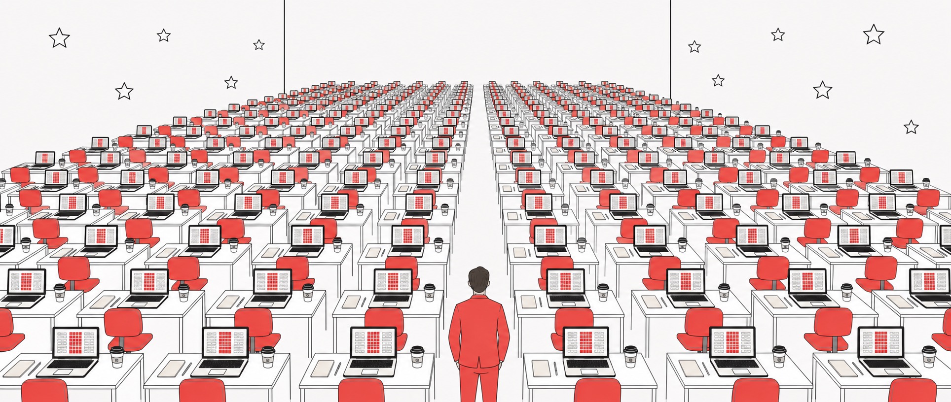 Illustration of a manager in a red suit standing alone in front of long rows of cubicles, each with an employee working on a red laptop — the AI wave happening all around the manager, not for them.