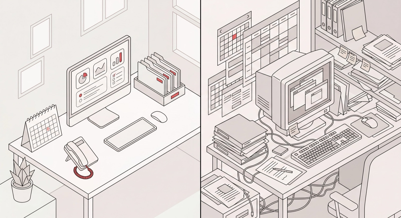 A calm, organized Reclaim AI alternative workspace contrasted with a cluttered, overloaded time-blocking calendar setup